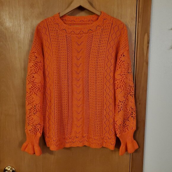 Crochet Lace Pointelle Knit Sweater Womens Medium Orange - Picture 1 of 4